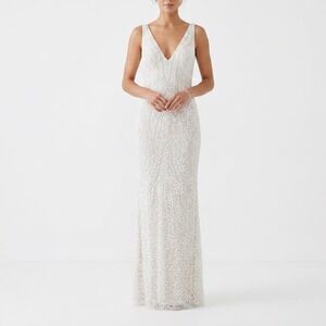 DB Studio Womens Sequin Beaded V-Neck Gown Ivory Nude Size 8